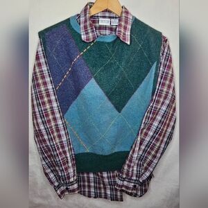Vintage Plaid Shirt with Argyle Sweater Vest With Long Sleeve Plaid Button Down.